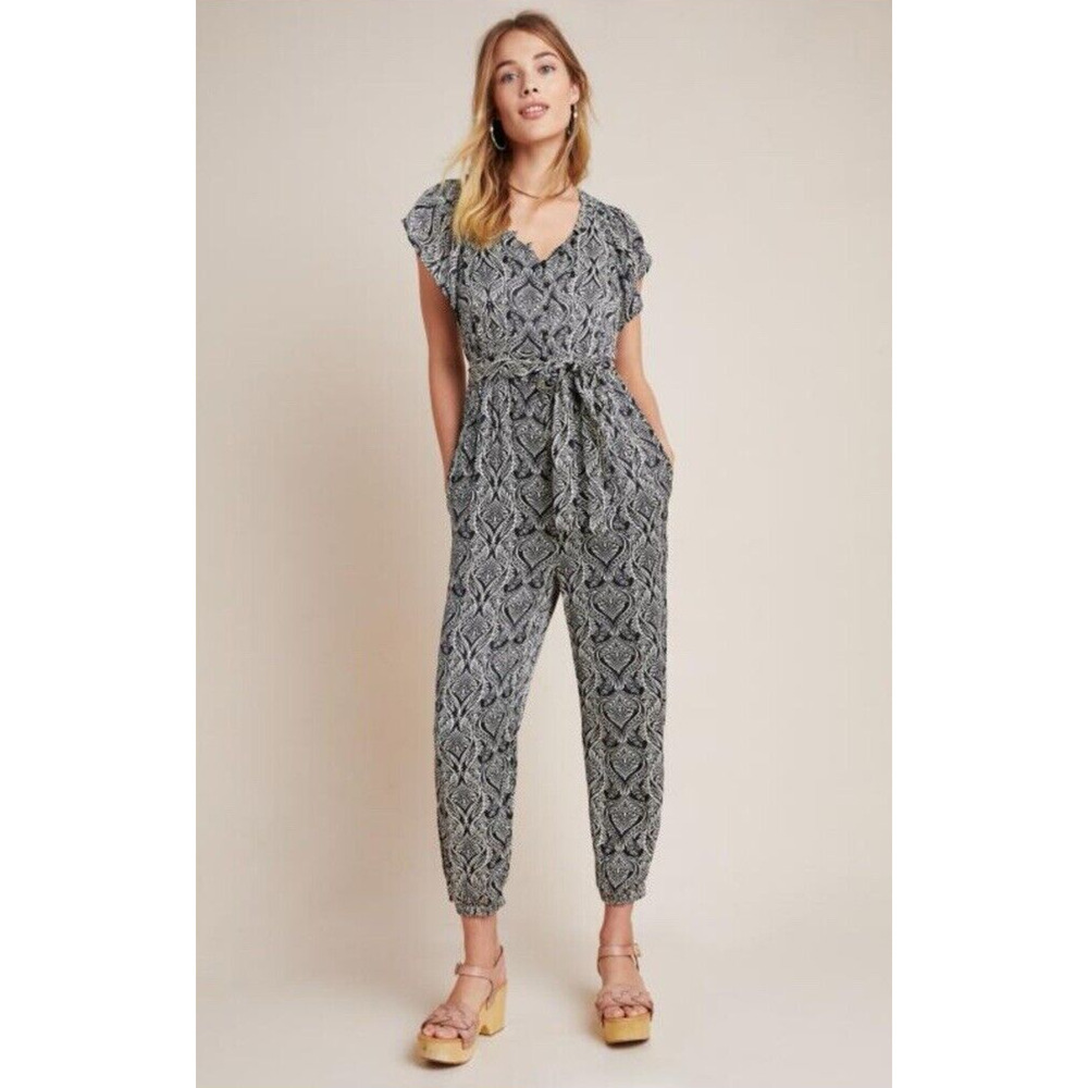 Anthropologie Womens 8 Zadie Satin Tie Waist Jumpsuit Short‎ Sleeve Pockets
